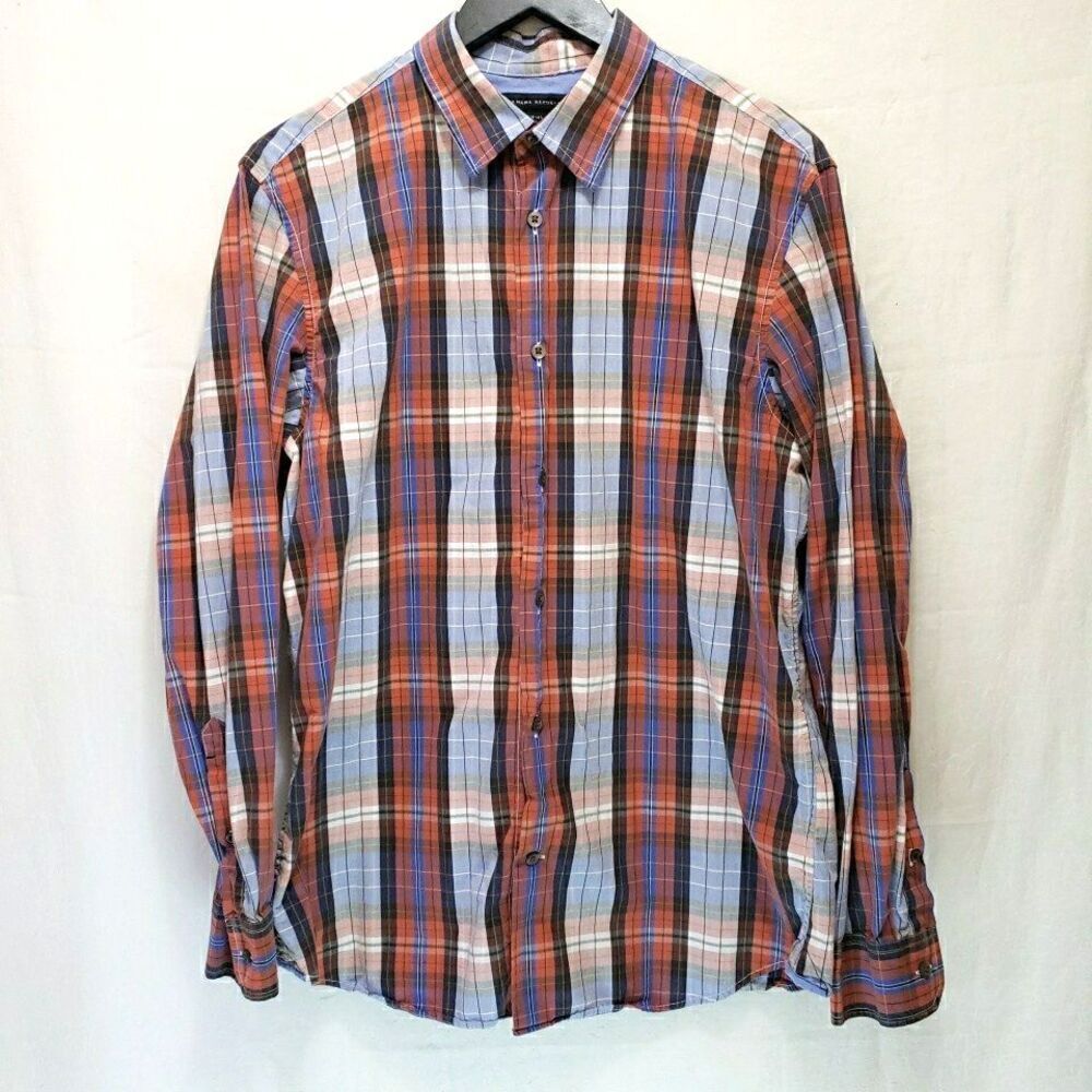 Banana Republic Shirt Mens L Red Black White Blue Plaid Cotton Long Sleeve